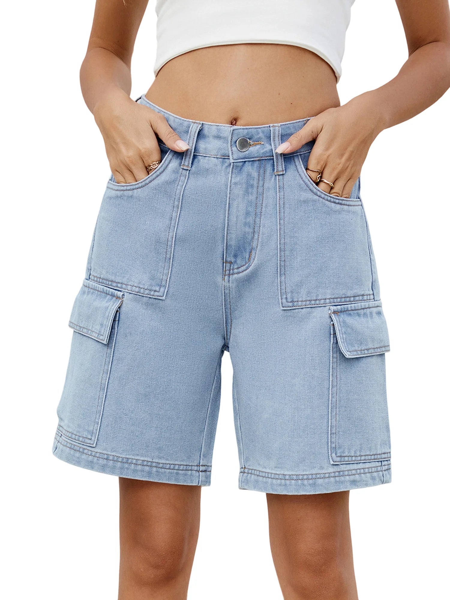 Women’s Summer Bermuda Denim Shorts Casual Mid Rise Straight Leg Knee Length Cargo Jean Shorts