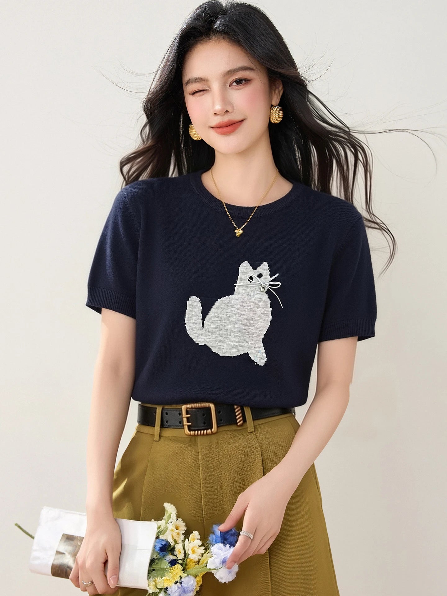New Summer Cute Cartoon Cat Crew Neck Short Sleeve Printed T-Shirt Versatile Pullover Korean Style Fashion Casual Women's Top