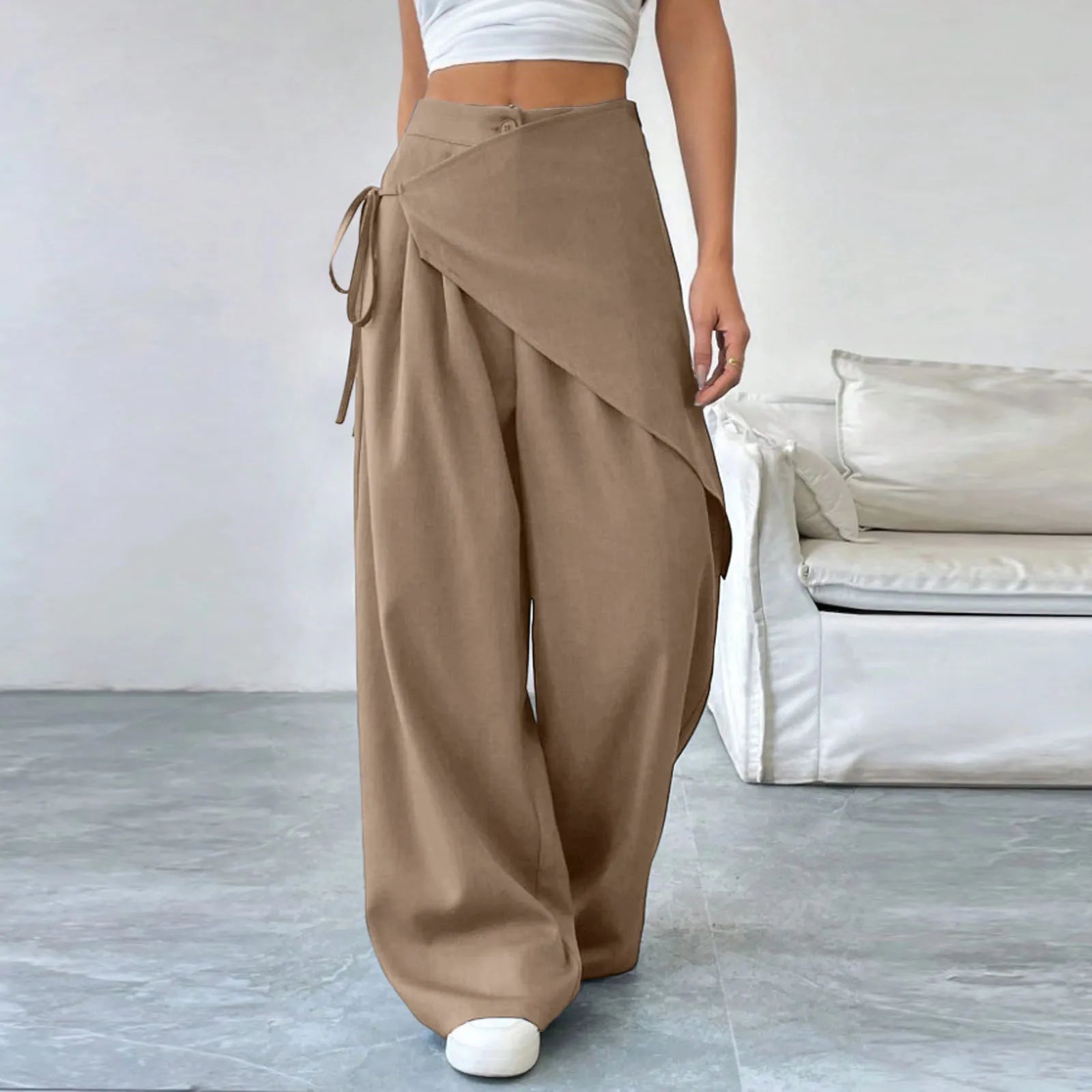 Women's Irregular Fashion Pants Solid-Color Elastic Waistband Loose Wide-Leg Trousers,Japanese Korean Style Straight-Leg Pants