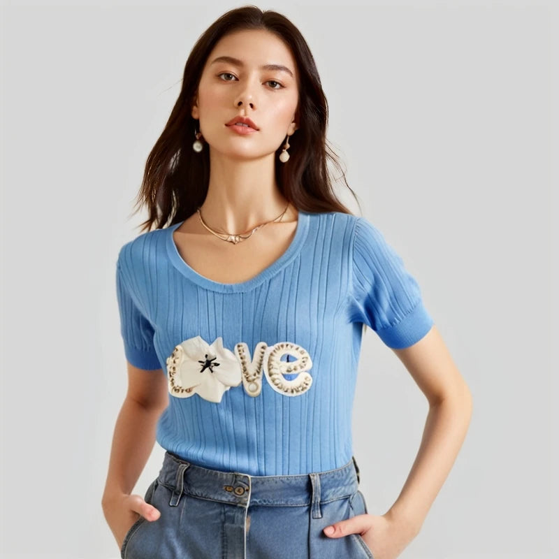 Knitted T-shirt for Women Summer Love Flower Embroidery Luxury Clothes Slim Tops Female Short Sleeve T-shirt Tee