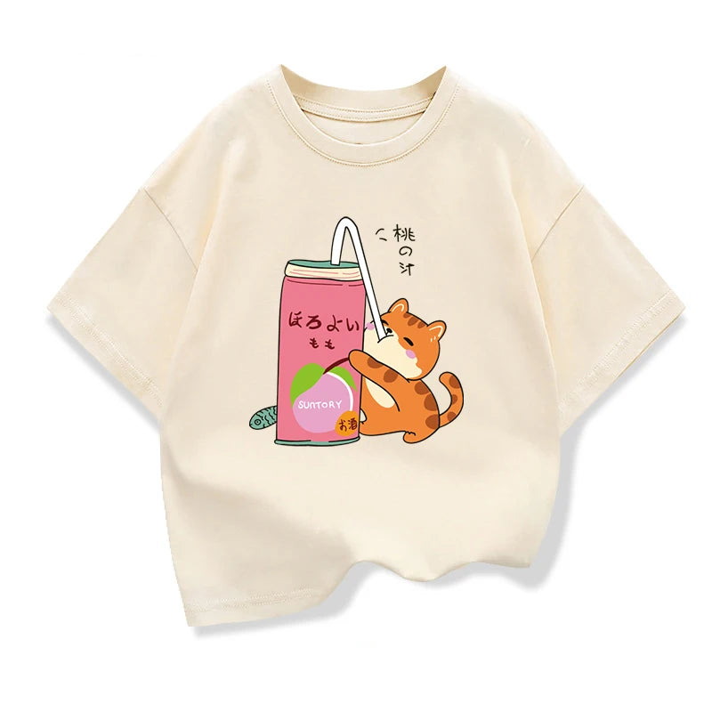 Cute Cat Drinking Milk Tea Casual Clothes Tops Harajuku Funny Cartoon Short Sleeve T-shirt Boys Girls Loose Tee Tops
