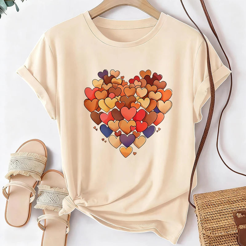 Women's Casual Short Sleeve Round Neck T-Shirt with A Heart Filled Print 90s Korean Style T Shirt Graphic Y2k Tshirt Clothes