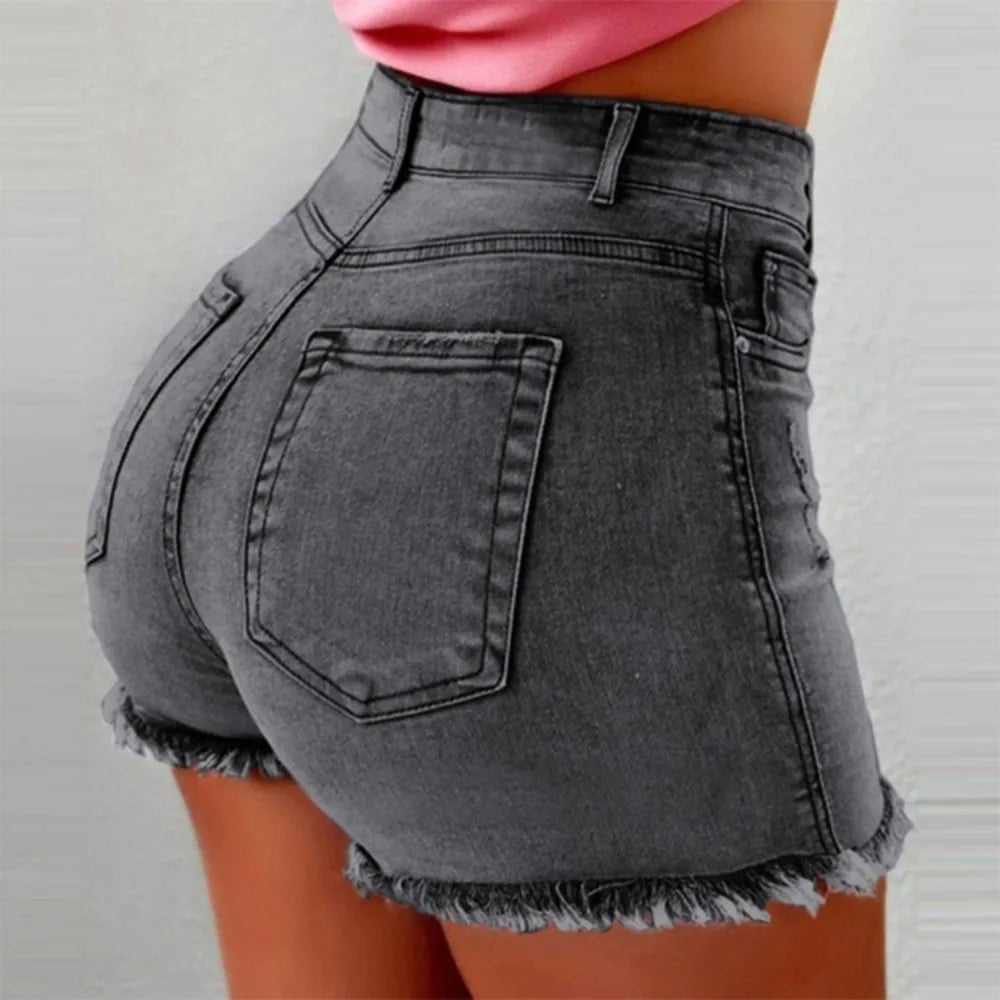 Women's High Waisted Denim Shorts - Distressed Ripped Cutoffs with Frayed Hem, Stretchy Summer Hot Pants for Casual Streetwear