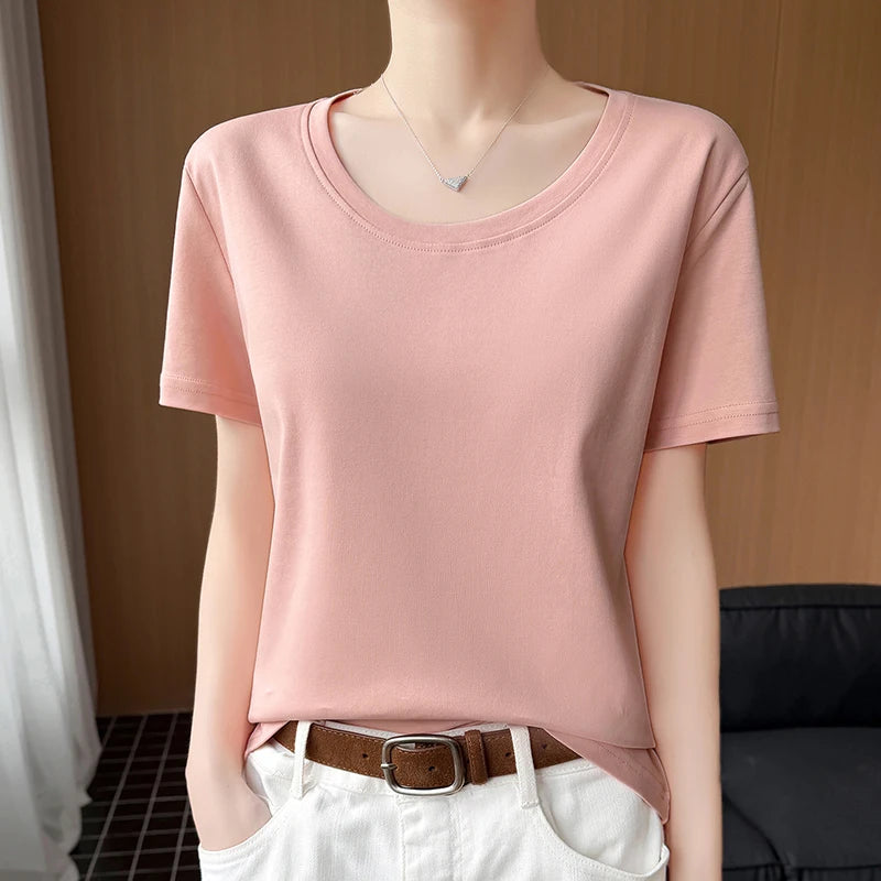 2026 new women's short sleeved O-neck 100% cotton knitted T-shirt breathable and cool Korean version hot selling T-shirt