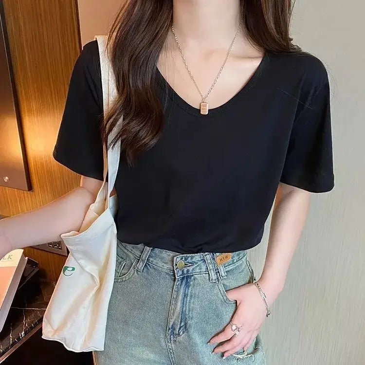Breathable Soft V-Neck Loose-Fit Short-Sleeved T-Shirt for Women – Basic Layering Top, Versatile